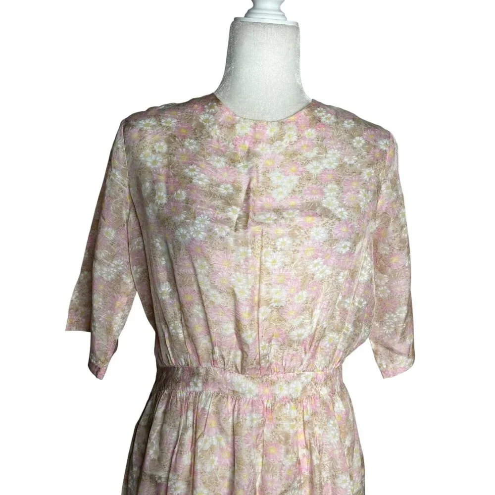 Vintage 50s Sheer Floral Day Dress Small Beige Pink Metal Zipper Short Sleeves